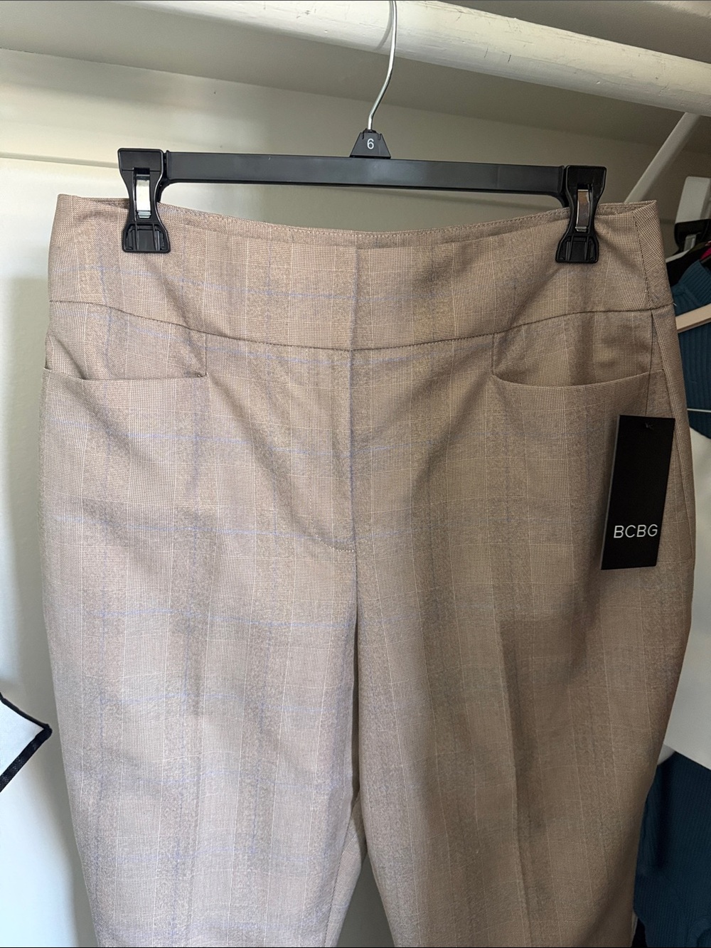 BCBG Light Beige Plaid Straight-Leg Dress Pants